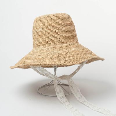 China New Summer Wheat Fashion Raffia Character Handmade Popular Natural Straw Boater Hat Outdoor Straw Hats With Lace Band for sale