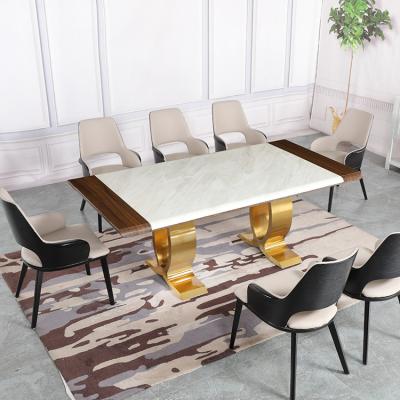 China . Stainless Steel Luxury Italian Modern Legs Gold Style Family Dinner Table Indoor Square Table For 8 Seat Dining Table Set for sale