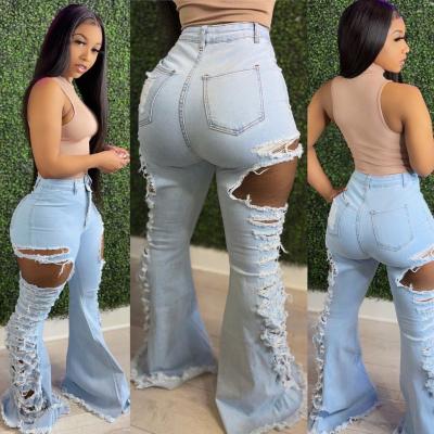 China Good flare M0099 jeans pants 2021 women bell bottom breathable stretch female distressed denim ripped lattice ladies for sale