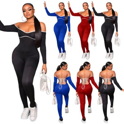 China Boutique M7550 Wholesale Breathable Off Shoulder Sexy Backless Bandage Overalls Long Sleeve Workout Women One Piece Overalls for sale