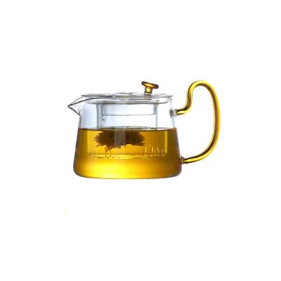 China Viable Colored Handle Short Mouth Borosilicate Glass Teapot Set Glass Teapot With Glass Infuser for sale