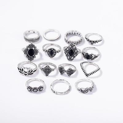 China 2020 Fashion Alloy Nickel Free Acrylic Women Ring 15 Pieces Of A Ring Jewelry Accessories Chasing Lotus Flower Set Black Color for sale