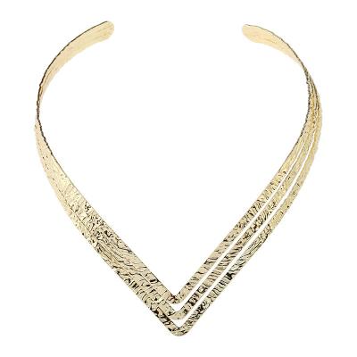 China ALLOY Multilayers Gold V Shape Silver Hammered Textured Choker Necklace For Women for sale