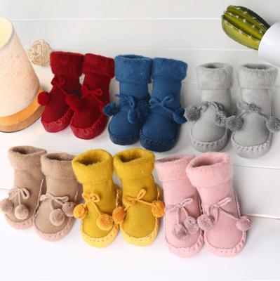 China Wholesale 6colors Floor Home Antibacterial Fluffy Fluffy Thick Warm Candy Knit Slipper With Rubber Soles Non Slip Baby Shoe Socks for sale