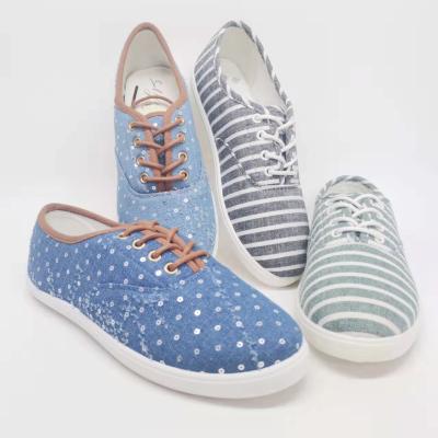 China Anti-odor/Lace up/Low cut PVC injection custom shoes denim lace-up canvas shoes summer upper striped classic fashionable casual shoes for ladies for sale