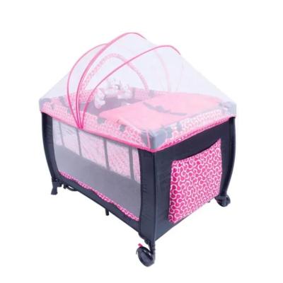 China Modern Pink Gray Gray Baby Playpen Crib Cot Bed Hutch with Mosquito Net and Changing Table for sale