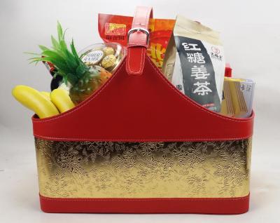 China Sustainable Gold And Red Color Faux Leather Gift Basket for sale