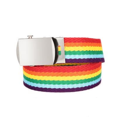 China High quality rainbow color 3cm trend fashion unisex student roller buckle canvas kids striped belt for sale