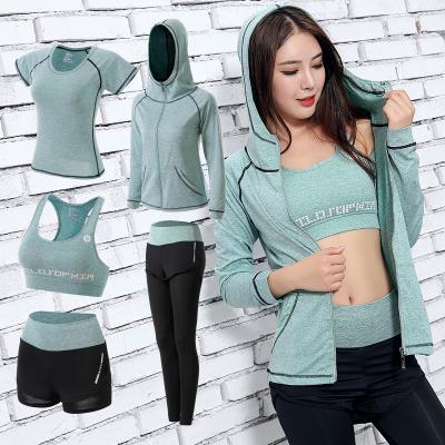 China Summer breathable five-piece dropshipping running women yoga suit wear female plus size fitness sports set clothes for sale