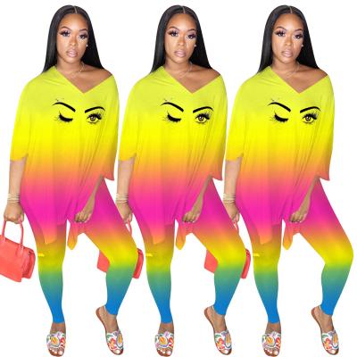 China Fashion raincoat women matching outfits tie dye gradient V - nesk plus size 2 piece sets hxmp lady cloth set for sale