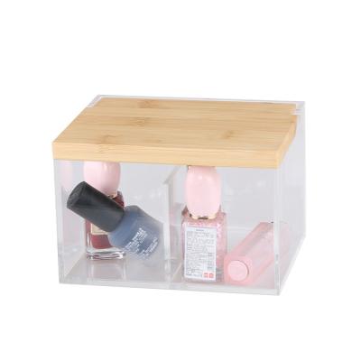 China Modern Acrylic Clear Dustproof Lipstick Jewelry Storage Box Cosmetics Tabletop Storage Box With Bamboo Cover for sale