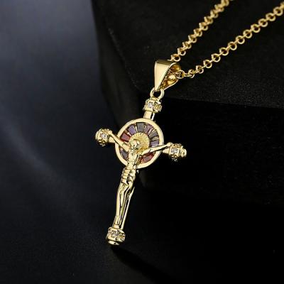 China Romantic Gold Christian Stainless Steel Pendant Necklace For Men Fashion Jewelry Crucifix Jesus Cross Pendant Chain Necklaces for sale