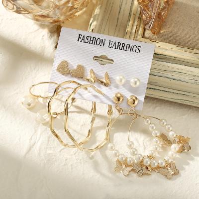 China FASHIONABLE 6 Pairs Of Female Simple Earring Set Love Butterfly Geometric Pearl Earrings for sale