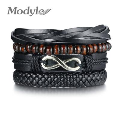 China 4pc/set Vintage Wrap Bracelets Mens Woman Black Straps Wood Beads Ethnic Tribal Bracelet Leather Bracelets for sale