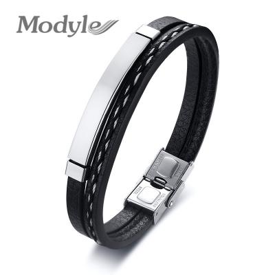 China Vintage Men's Multilayer Leather Bracelets For Women Stylish Cuff Bangle ID Stainless Steel Unisex Accessory for sale