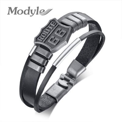 China Vintage USA Route 66 Mens Real Leather Bracelet Multilayer Wrap Bracelet Bangles For Men Wholesale for sale