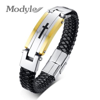 China Black Genuine Leather Cross Bracelets Stainless Steel Bangles Male Vintage Punk Bangles For Man for sale