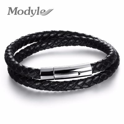 China Classic Vintage Double Layer Leather Bracelets Handmade Leather Knitted Stainless Steel Men Jewelry for sale