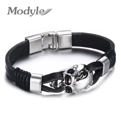 China Vintage Mens Genuine Leather Skull Bracelets Rock Stainless Steel Punk Charms Slap Bracelets Bangles for sale