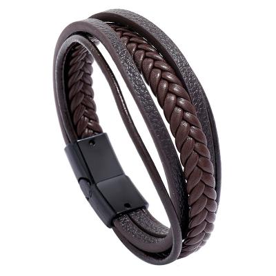 China Fashionable Vintage Men's Bracelets Magnetic-Clasp Cowhide Multi Layer Leather Braided Wrap Bracelet For Men for sale