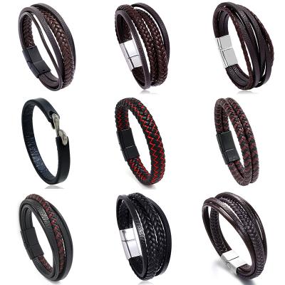 China Trendy Genuine Leather Multilayer Braided Bracelets Men's Vintage Punk Rope Bracelets For Male Bangles Jewelry for sale