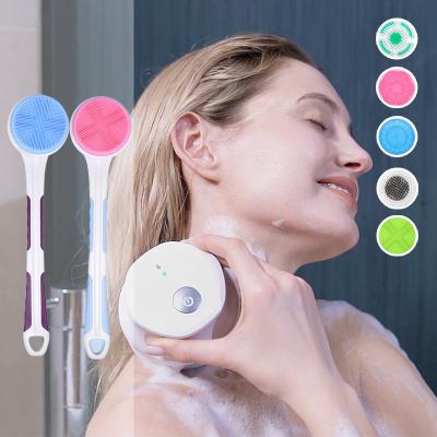 China Full 360 Wave Rotating Waterproof Electric Automatic Bath Brush High Quality Long Handle Silicone Head Bath Dry Brush for sale