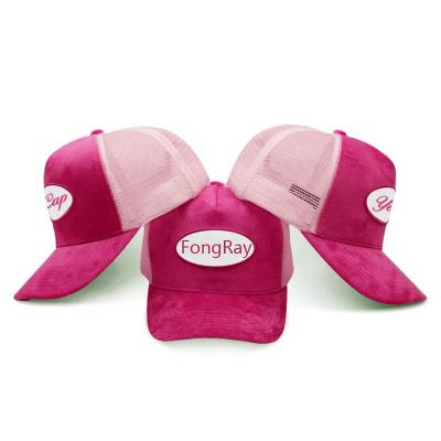 China COMMON Custom Design Applique Logo Embroidery Patch Rose Velvet Mesh Trucker Hats Suede Mesh Trucker Caps for sale