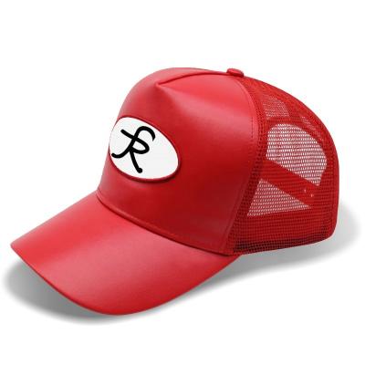 China COMMON Custom Design Fashion Style Red Leather PU Mesh Trucker Caps Trucker Caps Embroidery Patch for sale