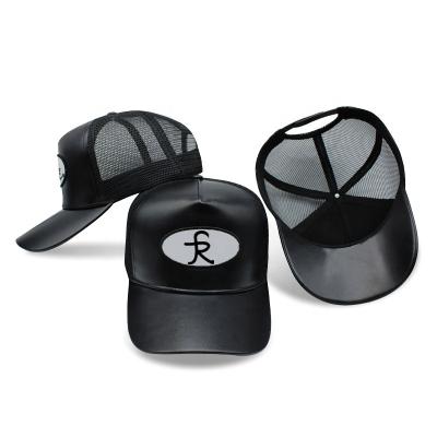 China COMMON High Quality PU Trucker Hats Custom Black Leather Mesh Cap Hat for sale