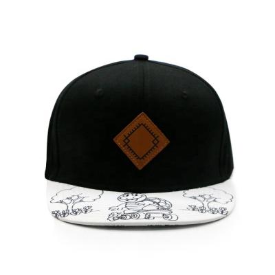 China 6 Panel Printed JOINT Brim Hats Embossed Logo Leather Patch Snapback Hats for sale