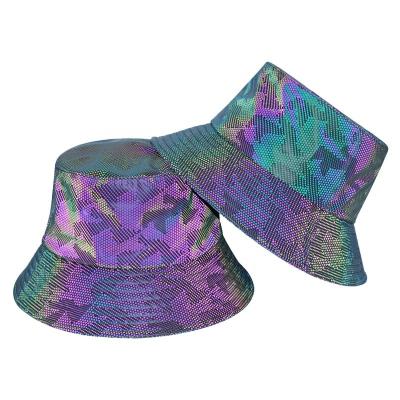 China Daily Use Custom Design Full Pattern Holographic Printing Reflective Bucket Hats 3M Reflective Bucket Hat for sale