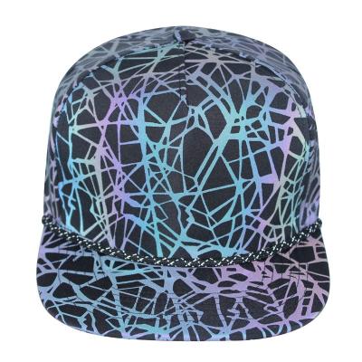 China COMMON Full Printing 5 Panel Structured Hat Brim Rope Reflective Caps for sale