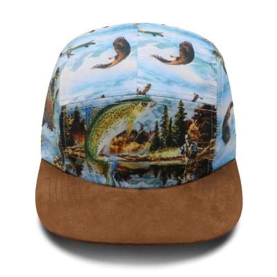 China COMMON Custom Design 5 Panel Strap Suede Brim Nylon Sublimation Printing Logo Floral Camper Hats Caps for sale