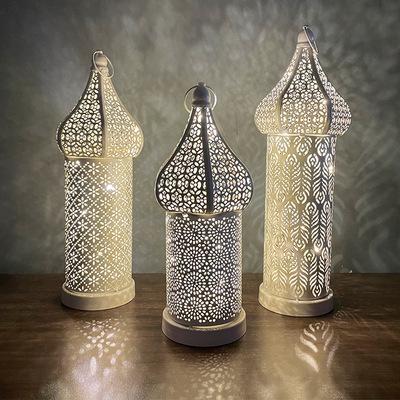 China New Moroccan Religious Activities White Cavity Led Wind Lamp Wrought Iron Lantern Home Bedroom Living Room Atmosphere Decorative Lamp Ornaments for sale