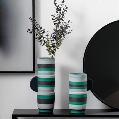 China Modern Interior Decorations Modern minimalist design art ornament handmade stripe tall vases home tabletop decor ceramic flower vase for sale