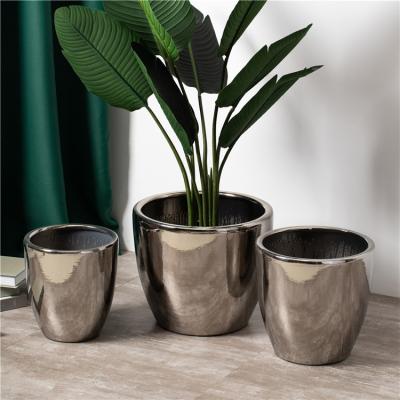 China Best Minimalist Design Indoor Outdoor Decor Large Large Plated Planter Pots Luxury Sliver Ceramic Flower Pot for sale