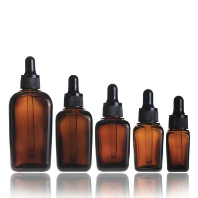 China Wholesale 10ml 20ml 30ml 50ml 100ml Square Cosmetic Hot Sale Essential Oil Amber Glass Bottle With Dropper for sale