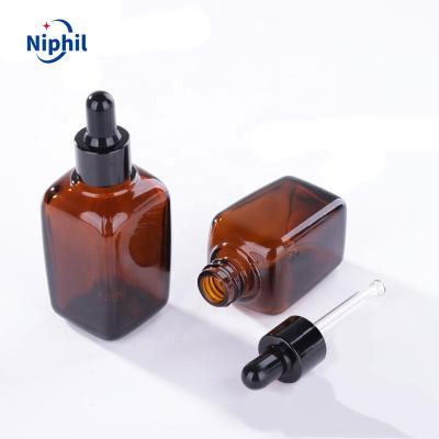 China Hot Sale Wholesale 100ml Amber Essential Oil Cosmetic Dropper Square Glass Bottle With Dropper for sale