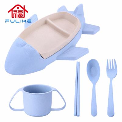 China Food Grade Sustainable Disposable Kids Cute Dish Set Wheat Straw 5pc Dinnerware Set Cartoon Kids Dish Set For Kids for sale