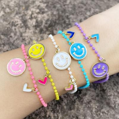 China New TRENDY Friendship Jewelry Diamond Enamel Colorful Beaded Heart Face Copper Charm Bracelet Smile Women Fashionable Love for sale