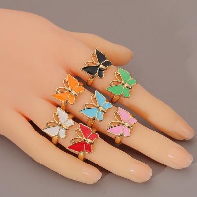 China Y2K Jewelry Women Cute Hot Selling Butterfly Colorful Enamel Oil Drip Gold Plated Adjustable Open Index Finger Rings for sale