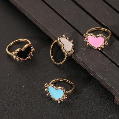 China New Cute Popular INS Jewelry For Women Adjustable Gold Plated Colorful Zircon Heart To Enamel Open Index Finger Rings for sale