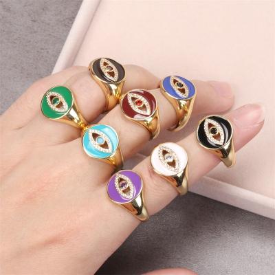 China FASHIONABLE Chunky Colorful Evil Eye Dripping Jewelry Hip Hop Design Oil Enamel Open Ring Gold Plated Zircon Adjustable Index Finger Rings for sale