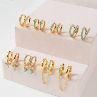 China 925 sterling silver women 2021 FASHIONABLE luxury Korean zircon flower cross teardrop turquoise circle huggies earrings gold plated for sale