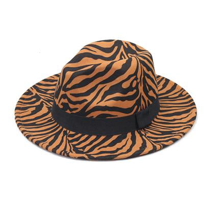 China Fashion Promotional Good Quality Zebra Stripes Adjustable Hats Faux Wool Felt Brim Fedora Hat Zebra Print Big Fedora Hats for sale