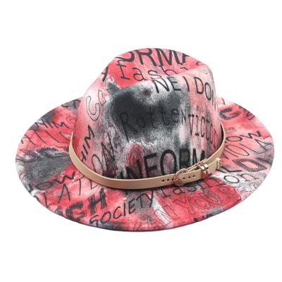 China Dye Fedora Hats Women Wholesale Plush Link Winter Wide Four Seasons Two Tone Felt Men Fedora Hats 2021 Brim Graffiti Fadora Sun Hats for sale