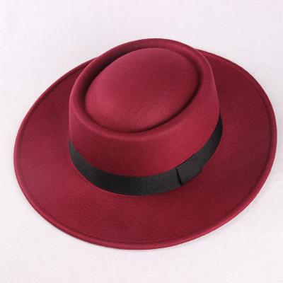 China Plush Fedora For Vintage Adjustable Fedora Hats Classic Wide Brim Pie Style Flat Top Women Wool Felt Straw Hat Cap for sale