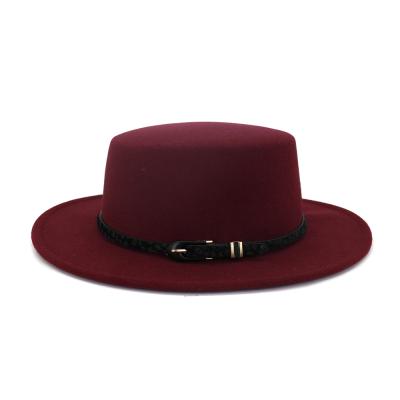 China Plush Chin Straps Flat Wide Brim Fedora Boater Wool Felt Hat for Women's Lady Fall Winter Fashion dressed wool felt hat with flat surface for sale