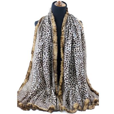 China Women Printed Scarf Womens Print Scarf Merino Wool Leopard Print Trim Fox Fur Scarf for sale