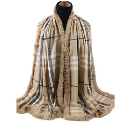 China Leopard Printed Plaid Wool Scarves With Faux Rabbit Fox Raccoon Fur Shawl Stole Winter Long Shawl For Women for sale